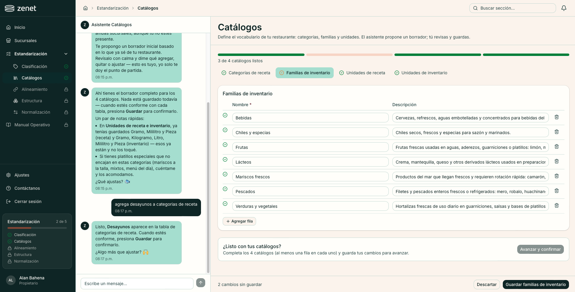 Estandarización de catálogos en Zenet: el asistente propone el borrador y tú revisas y guardas